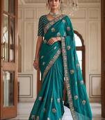 Turquoise Color Beads,Cutdana,Sequins And Thread Work Chiffon Silk Saree