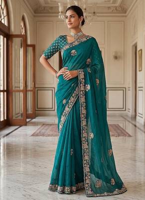 Turquoise Color Beads,Cutdana,Sequins And Thread Work Chiffon Silk Saree 3