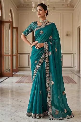 Turquoise Color Beads,Cutdana,Sequins And Thread Work Chiffon Silk Saree