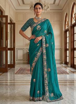 Turquoise Color Beads,Cutdana,Sequins And Thread Work Chiffon Silk Saree 4