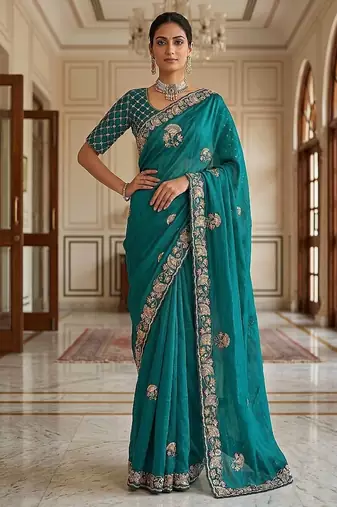 Turquoise Color Beads,Cutdana,Sequins And Thread Work Chiffon Silk Saree