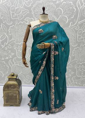 Turquoise Color Beads,Cutdana,Sequins And Thread Work Chiffon Silk Saree 5