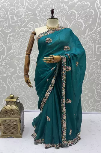 Turquoise Color Beads,Cutdana,Sequins And Thread Work Chiffon Silk Saree