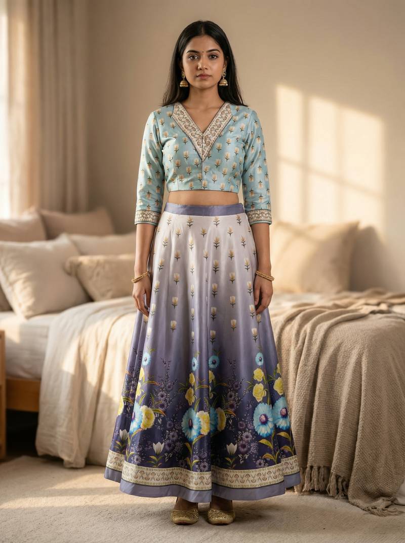 Multicolour semistitched croptop choli with unstitched blouse