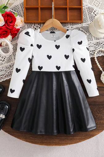 Black & white heart printed polyester pu leather fit & flare dress for girls