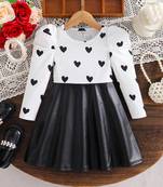 Black & white heart printed polyester pu leather fit & flare dress for girls