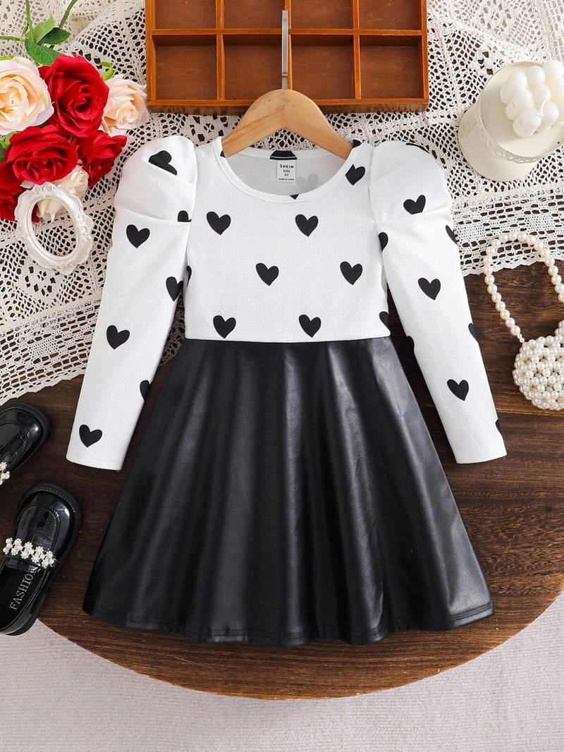 Black & white heart printed polyester pu leather fit & flare dress for girls
