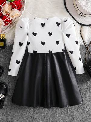 Black & white heart printed polyester pu leather fit & flare dress for girls 2