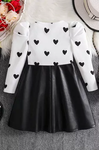 Black & white heart printed polyester pu leather fit & flare dress for girls
