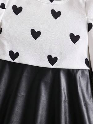 Black & white heart printed polyester pu leather fit & flare dress for girls 3