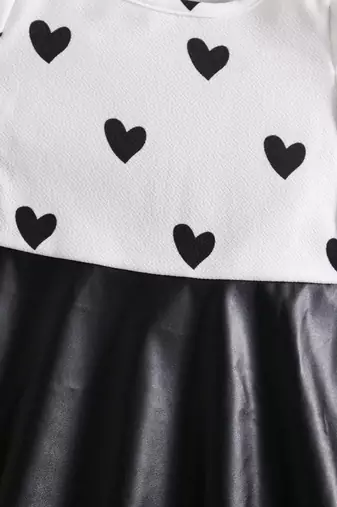 Black & white heart printed polyester pu leather fit & flare dress for girls