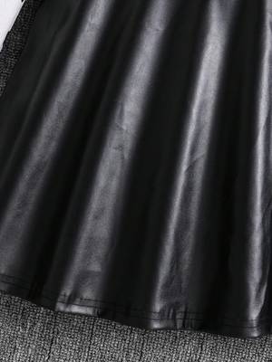 Black & white heart printed polyester pu leather fit & flare dress for girls 5