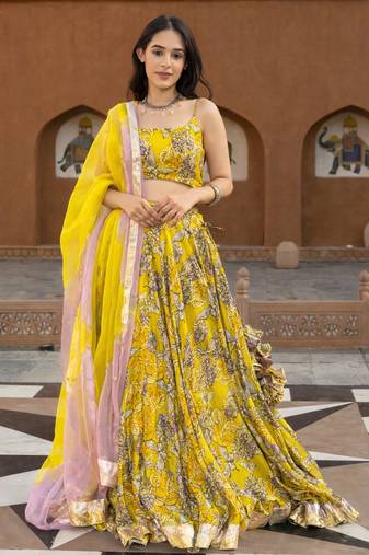 Floral Printed Semi-Stitched Cotton Lehenga & Unstitched Blouse With Dupatta