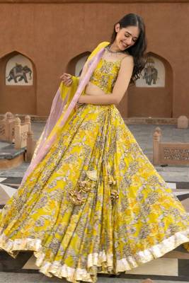 Floral Printed Semi-Stitched Cotton Lehenga & Unstitched Blouse With Dupatta 2
