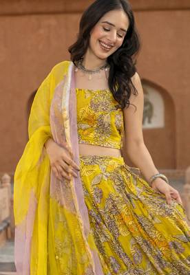 Floral Printed Semi-Stitched Cotton Lehenga & Unstitched Blouse With Dupatta 3
