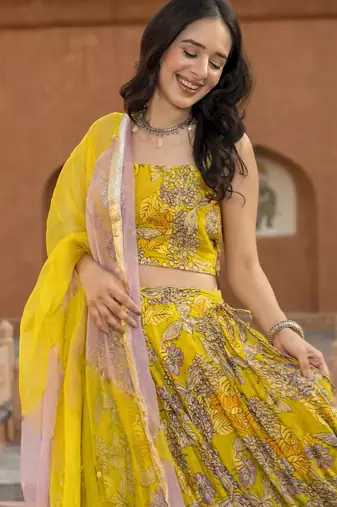 Floral Printed Semi-Stitched Cotton Lehenga & Unstitched Blouse With Dupatta