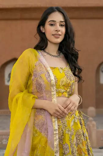 Floral Printed Semi-Stitched Cotton Lehenga & Unstitched Blouse With Dupatta
