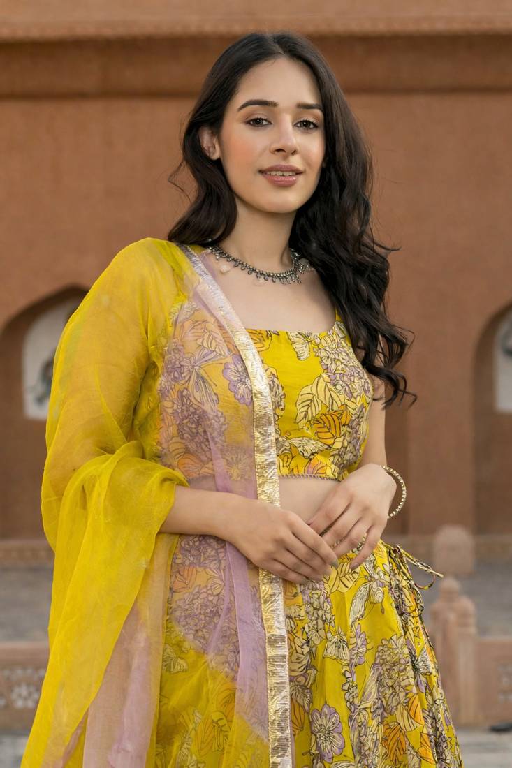 Floral Printed Semi-Stitched Cotton Lehenga & Unstitched Blouse With Dupatta
