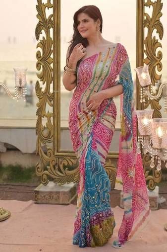Pink Color  Digital Print and Real Miroor work Silk Saree