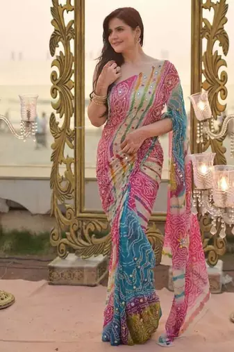 Pink Color  Digital Print and Real Miroor work Silk Saree