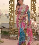 Pink Color  Digital Print and Real Miroor work Silk Saree
