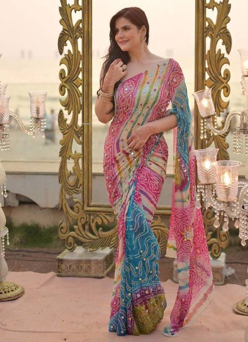 Pink Color  Digital Print and Real Miroor work Silk Saree
