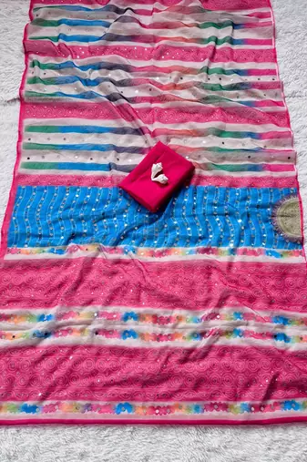Pink Color  Digital Print and Real Miroor work Silk Saree