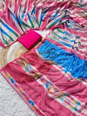 Pink Color  Digital Print and Real Miroor work Silk Saree 4