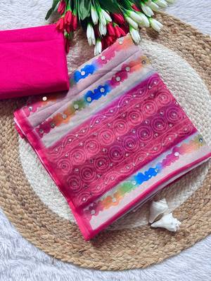Pink Color  Digital Print and Real Miroor work Silk Saree 5