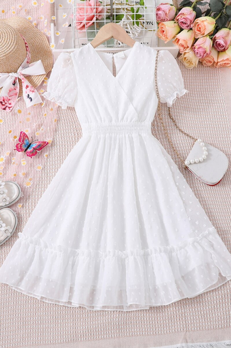 White self design georgette fit & flare mini dress for women