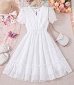 White self design georgette fit & flare mini dress for women