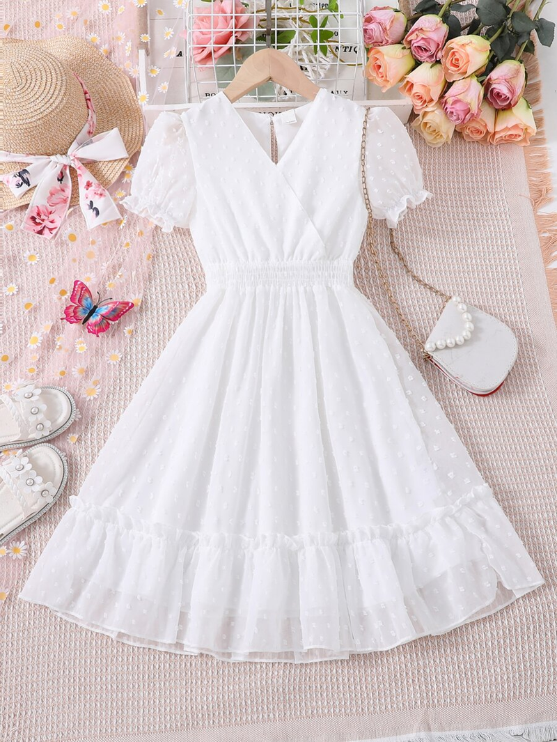 White self design georgette fit & flare mini dress for women