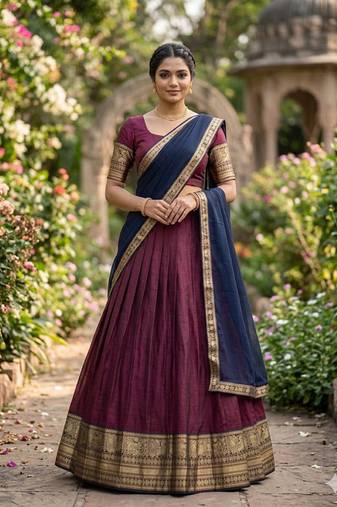 Wine Kanchi Cotton Zari Weaving Work Semi-stitched Lehenga Choli with Dupatta
