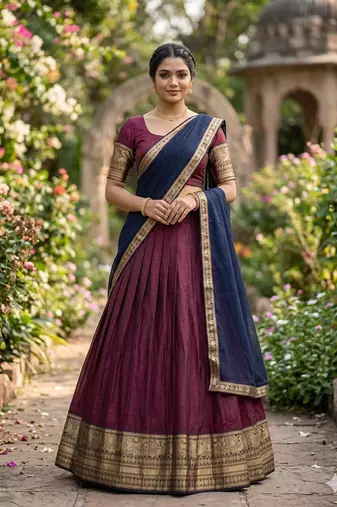 Wine Kanchi Cotton Zari Weaving Work Semi-stitched Lehenga Choli with Dupatta