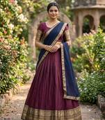Wine Kanchi Cotton Zari Weaving Work Semi-stitched Lehenga Choli with Dupatta