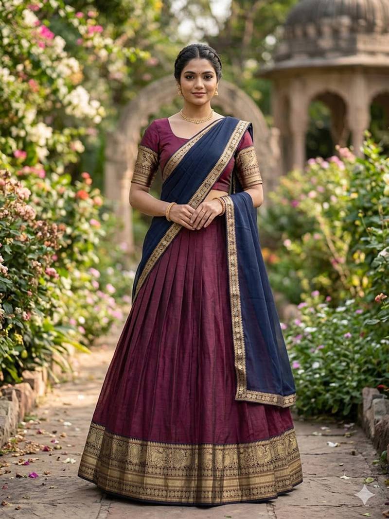 Wine Kanchi Cotton Zari Weaving Work Semi-stitched Lehenga Choli with Dupatta