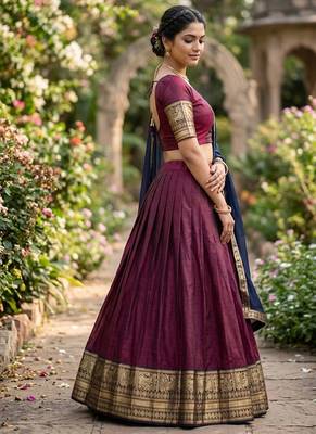 Wine Kanchi Cotton Zari Weaving Work Semi-stitched Lehenga Choli with Dupatta 2