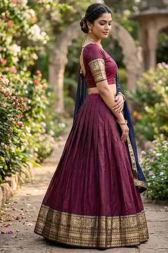 Wine Kanchi Cotton Zari Weaving Work Semi-stitched Lehenga Choli with Dupatta