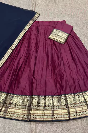 Wine Kanchi Cotton Zari Weaving Work Semi-stitched Lehenga Choli with Dupatta