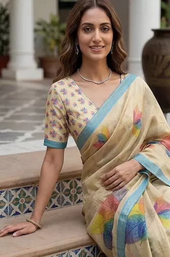 Cream Color Dori With Printed Work Virana Silk Saree