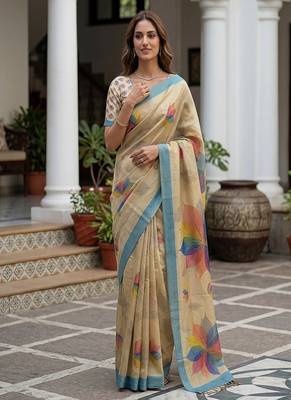Cream Color Dori With Printed Work Virana Silk Saree 1