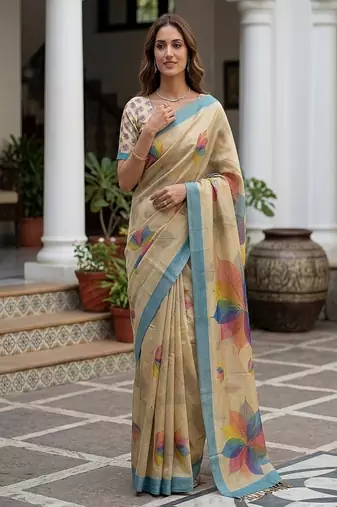Cream Color Dori With Printed Work Virana Silk Saree