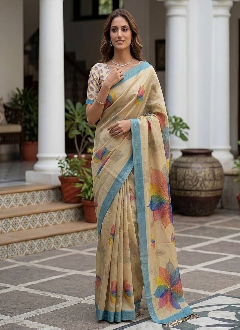 Cream Color Dori With Printed Work Virana Silk Saree