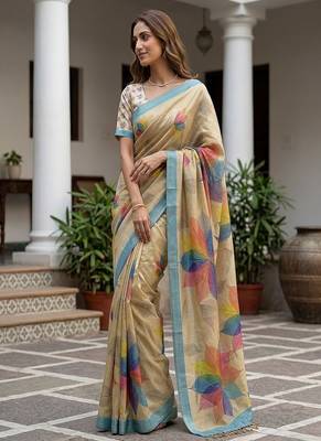 Cream Color Dori With Printed Work Virana Silk Saree 3