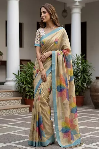 Cream Color Dori With Printed Work Virana Silk Saree