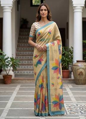 Cream Color Dori With Printed Work Virana Silk Saree 4