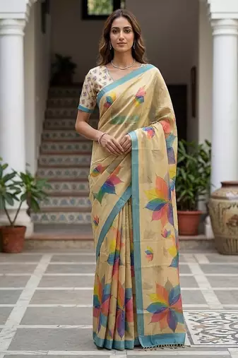 Cream Color Dori With Printed Work Virana Silk Saree