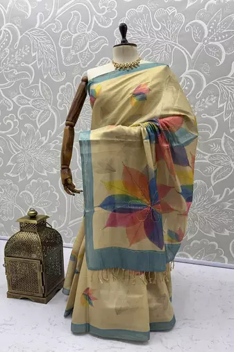 Cream Color Dori With Printed Work Virana Silk Saree
