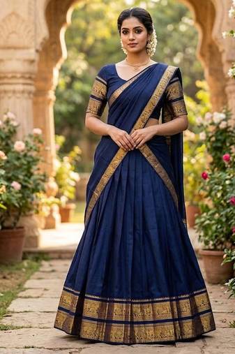 Navyblue Kanchi Cotton Zari Weaving Work Semi-stitched Lehenga Choli with Dupatta