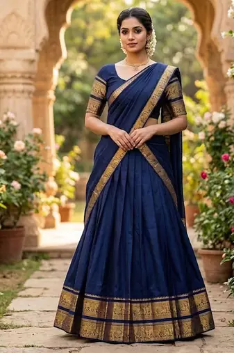 Navyblue Kanchi Cotton Zari Weaving Work Semi-stitched Lehenga Choli with Dupatta